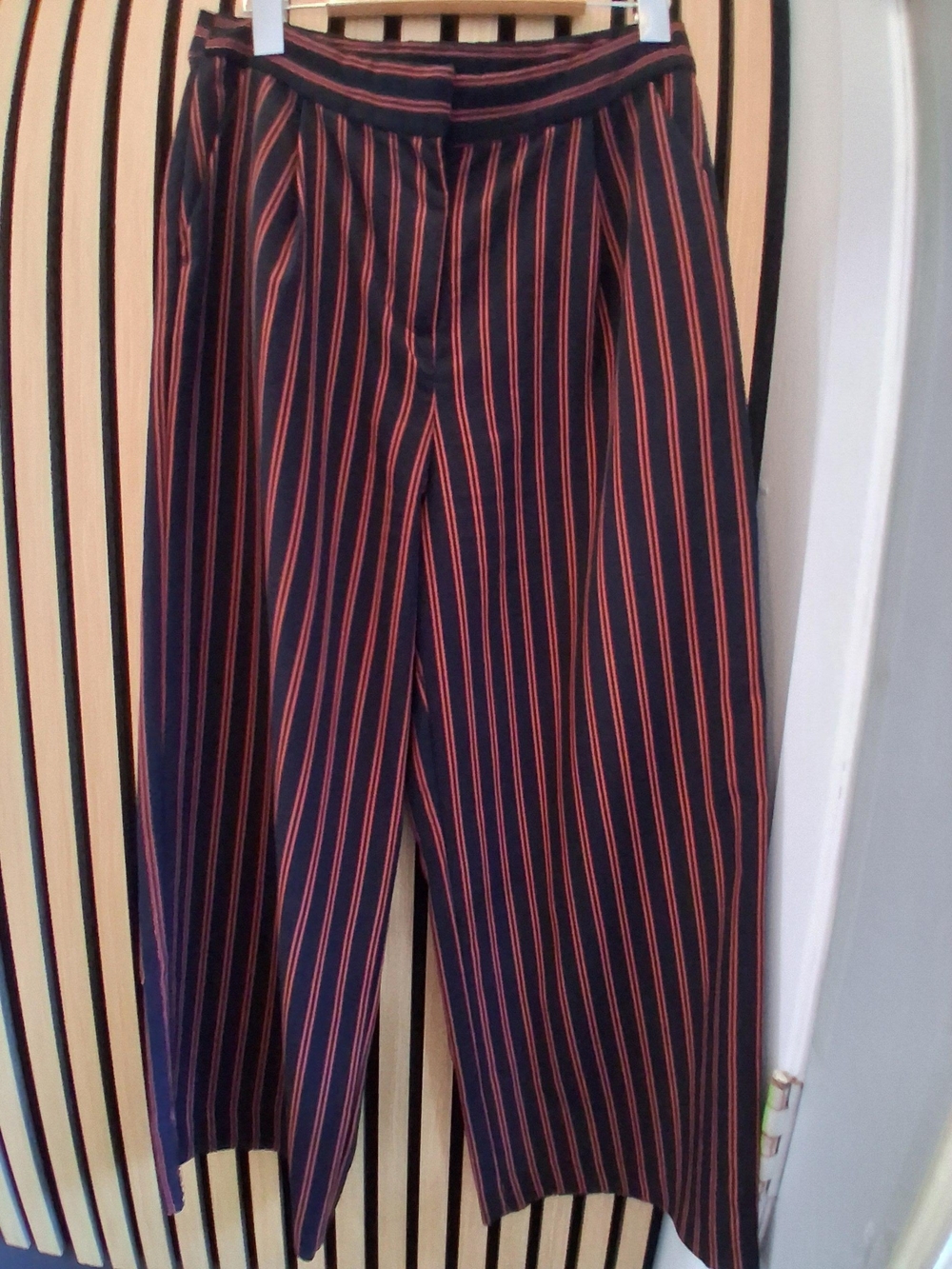 Monki Black Wide-Leg Pants with Red Pinstripes